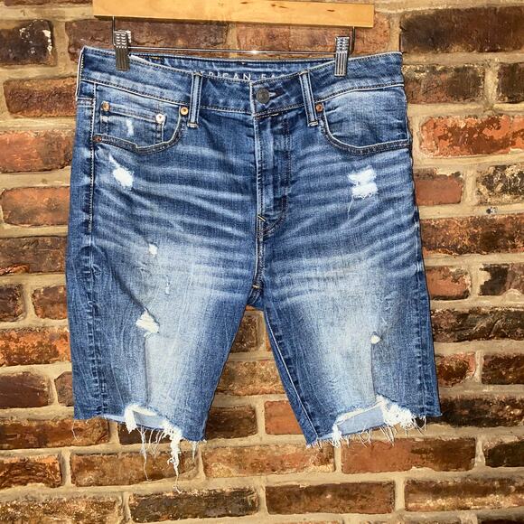 American Eagle Outfitters Blue Distressed Denim Airflex+ Jean Shorts Men's 31 - Picture 2 of 6
